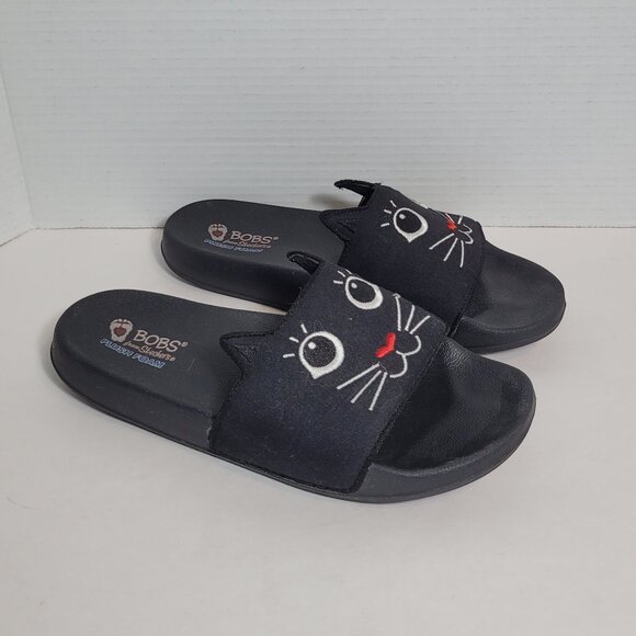Bobs By Skechers Black Cat Slides Sandals Plush Foam w/ Ears Size 10 - Picture 1 of 8